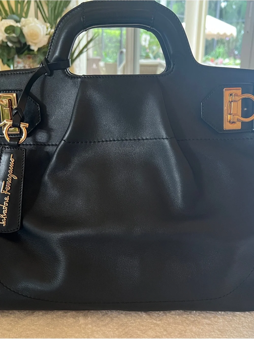 Black Leather Satchel with Gold Hardware